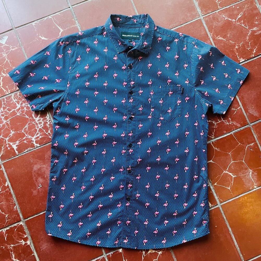 Molokai Surf Co Mens Large Flamingo Button Up Shirt Blue Pink Polka Dot Hawaiian